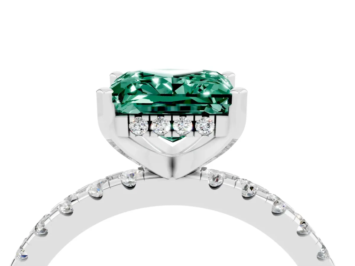 Princess Cut Green Sapphire Solitaire Ring with Round Pavé Band and Four-Prong Setting White gold