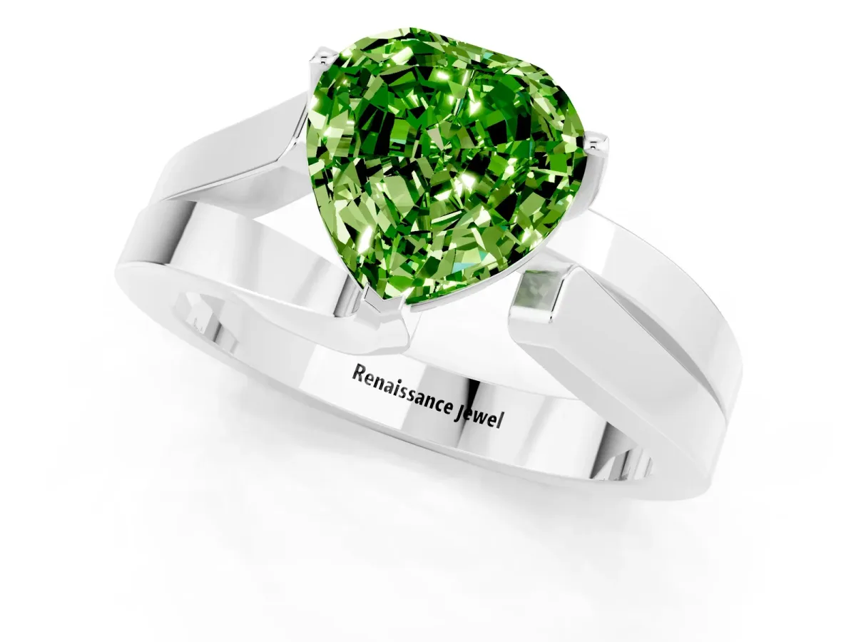 Modern Tension Set Heart Cut Peridot Solitaire Wide Band Ring Silver