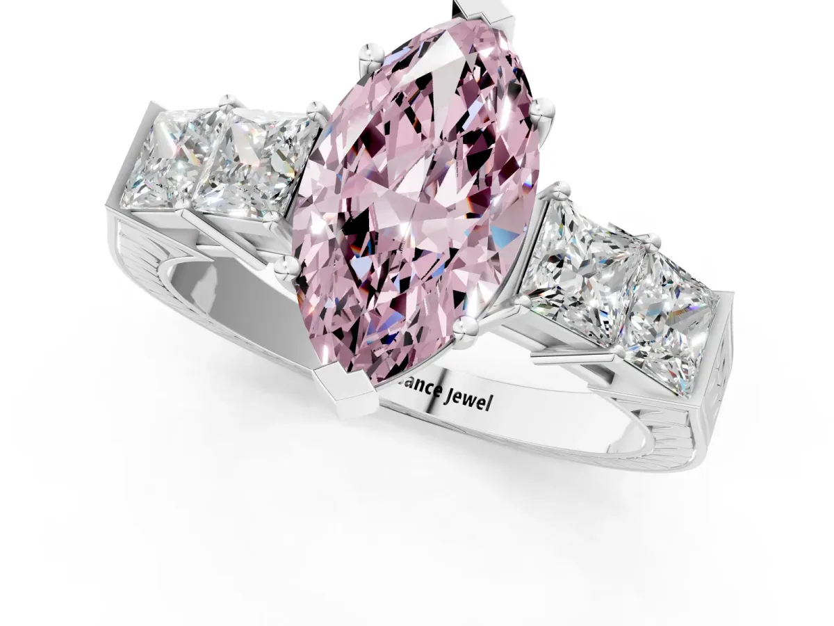 Fancy Pink Marquise Cut Solitaire Princess Side Stone Engraved Band Prong Setting Ring Silver