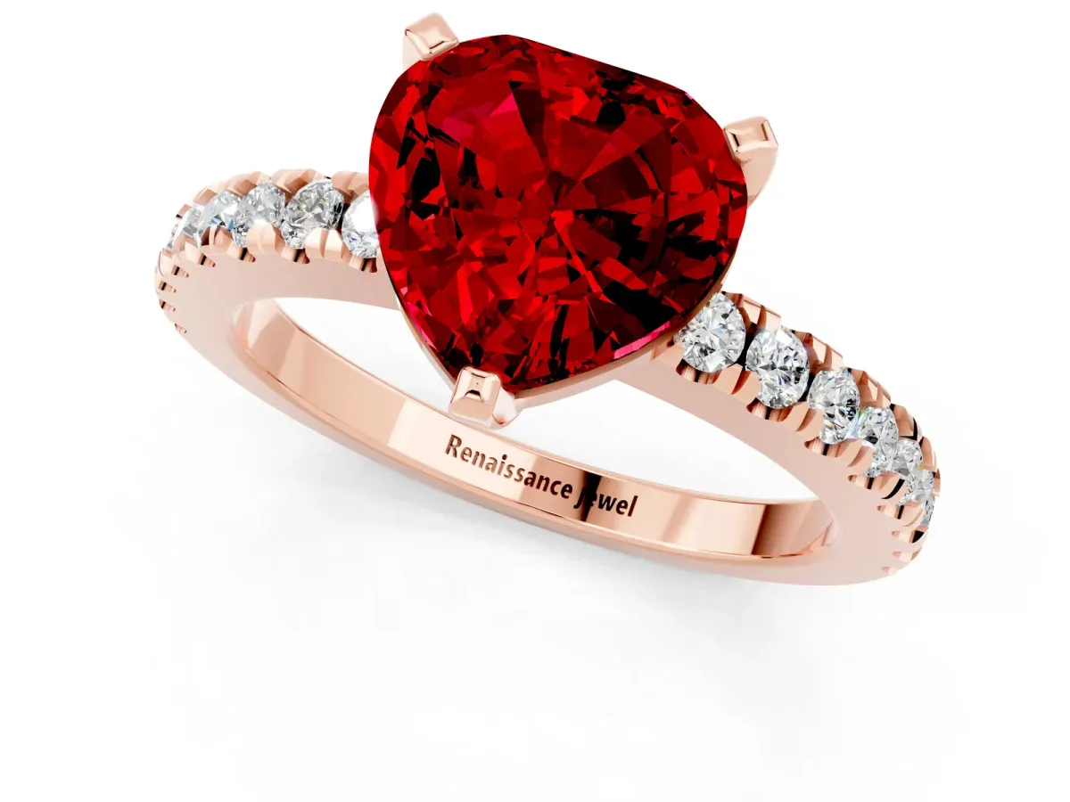 Heart Cut Solitaire Ruby with Pavé Band and Four-Prong Setting Rose gold