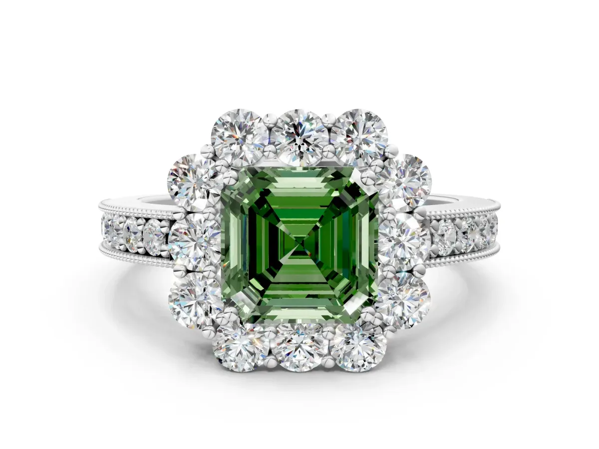 Fancy Green Asscher Cut Cut Halo Diamond Pavé Engagement Ring with Milgrain Detailing Platinum