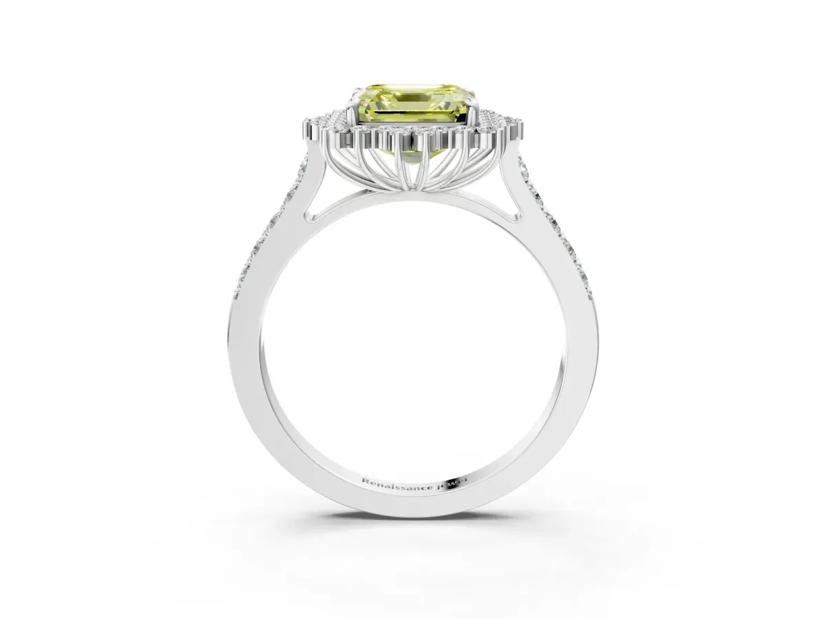 Fancy Yellow Asscher Cut Cut Diamond Sunburst Halo Engagement Ring with Pavé Band Platinum