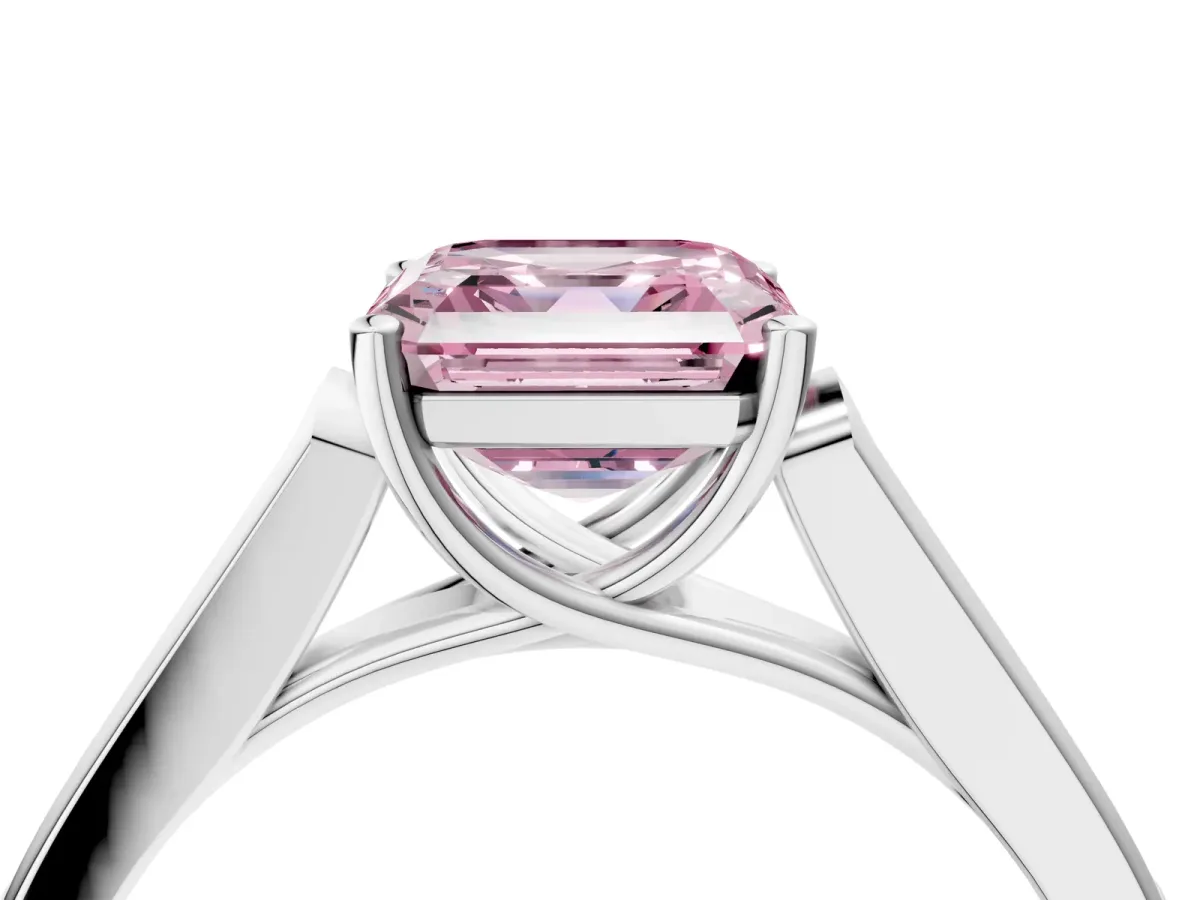 Fancy Pink Asscher Cut Solitaire Cathedral Diamond Engagement Ring with Channel-Set Band and Four-Prong Setting Platinum