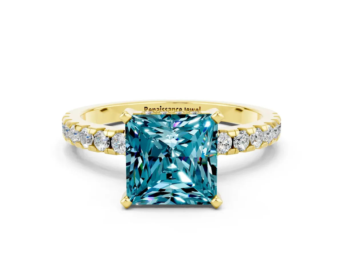 Princess Cut Blue Topaz Solitaire Ring with Round Pavé Band and Four-Prong Setting Yellow gold