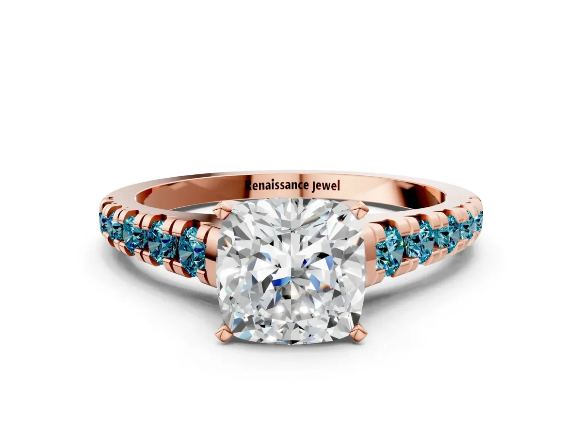 Cushion Cut Diamond Cathedral Solitaire Ring with Round Blue Topaz Pavé Band Rose gold