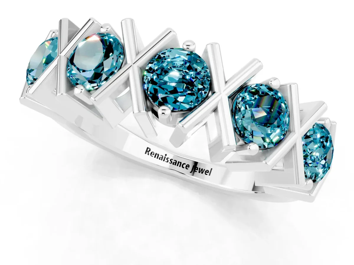 Round Blue Topaz Channel Set Band with X-Prong Detail White gold