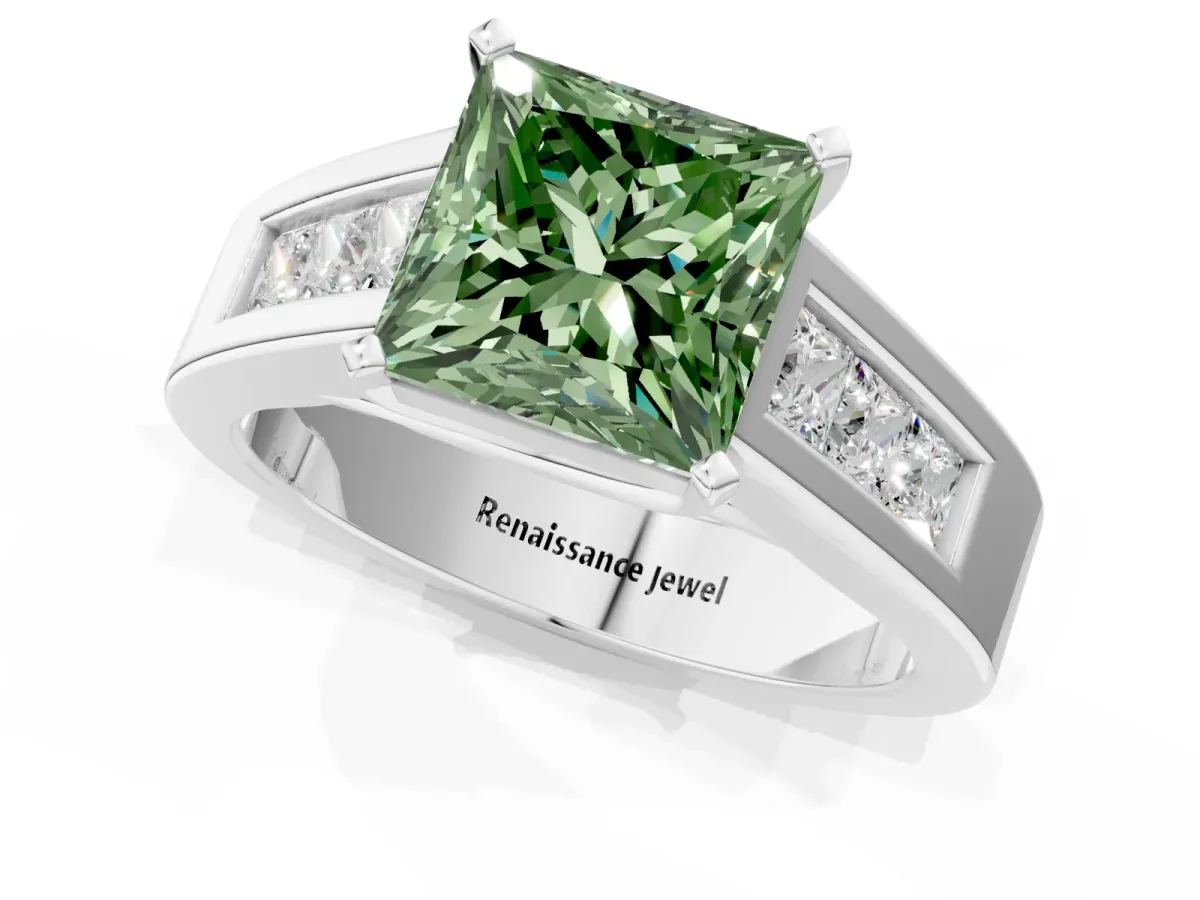 Fancy Green Princess Cut Cut Channel Set Solitaire Ring with Four-Prong Setting Platinum