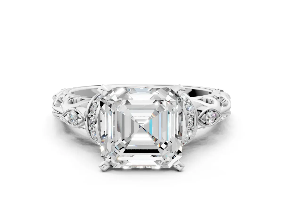 Asscher Cut Diamond Solitaire Ring with Filigree Band and Four-Prong Setting Platinum