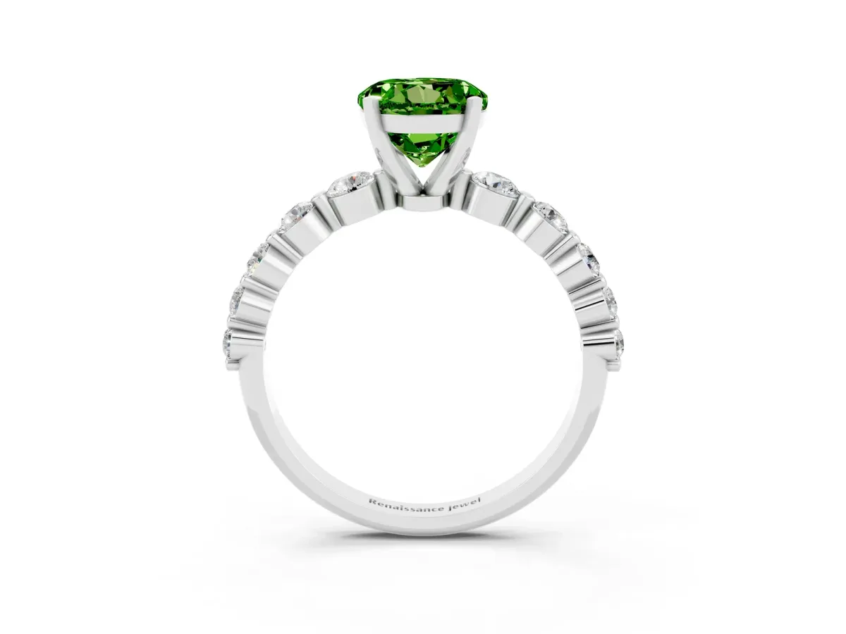 Round Cut Solitaire Peridot Ring with Pave Band and Four-Prong Setting Platinum
