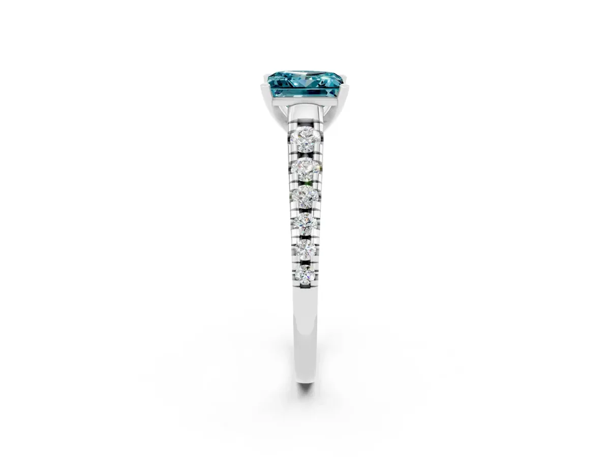 Princess Cut Blue Topaz Cathedral Solitaire Ring with Round Pavé Band Platinum
