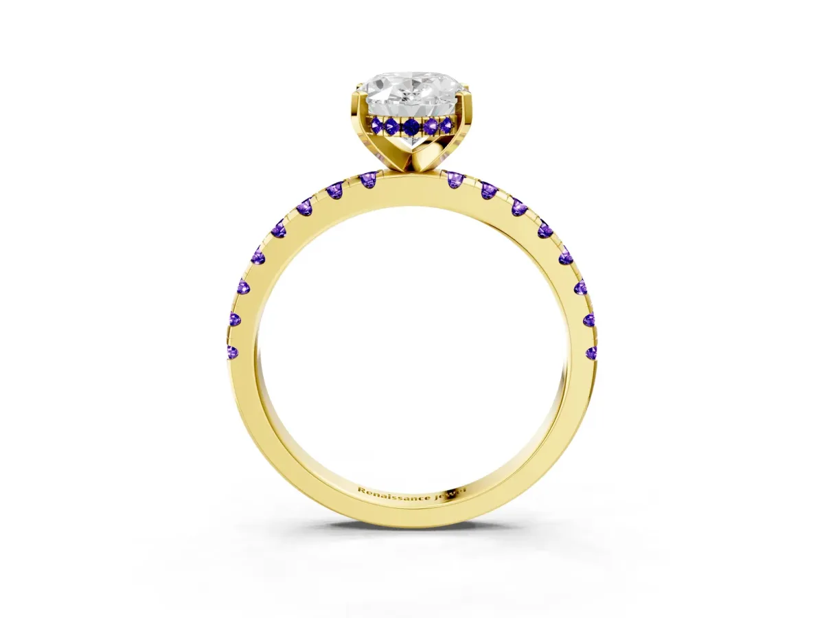 Oval Cut Diamond Solitaire Ring with Round Tanzanite Pavé Band and Four-Prong Setting Yellow gold