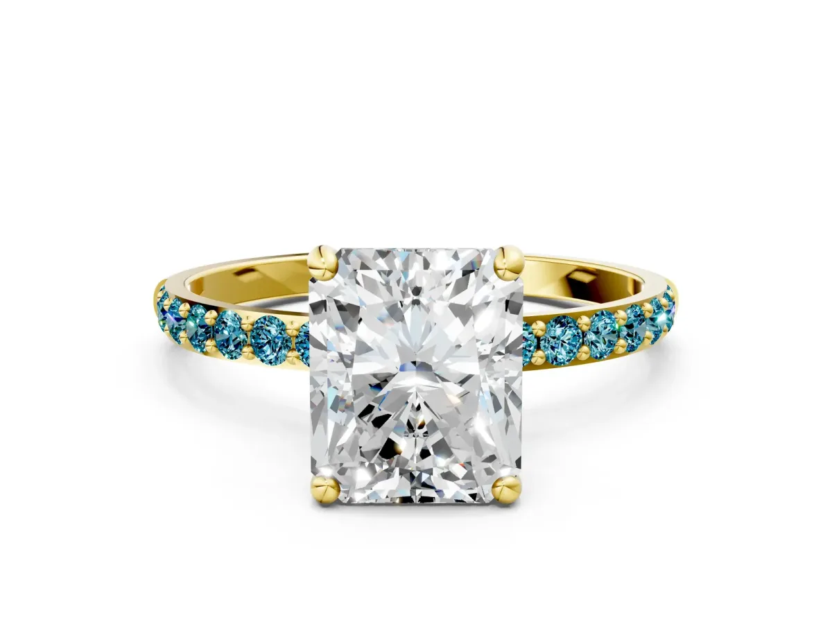 Radiant Cut Diamond Solitaire Ring with Round Blue Topaz Pavé Band and Prong Setting Yellow gold