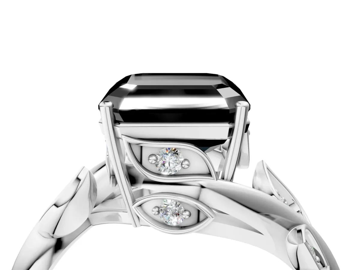 Fancy Black Asscher Cut Solitaire Twist Engagement Ring with Leaf Accents and Prong Setting Silver