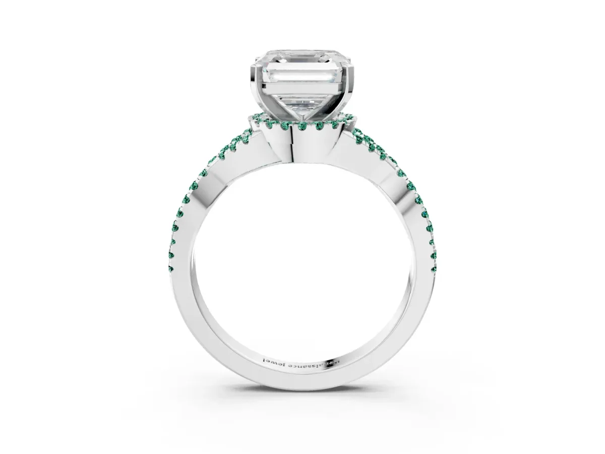 Asscher Cut Diamond Green Sapphire Halo Twist Band Solitaire Prong Setting Ring White gold