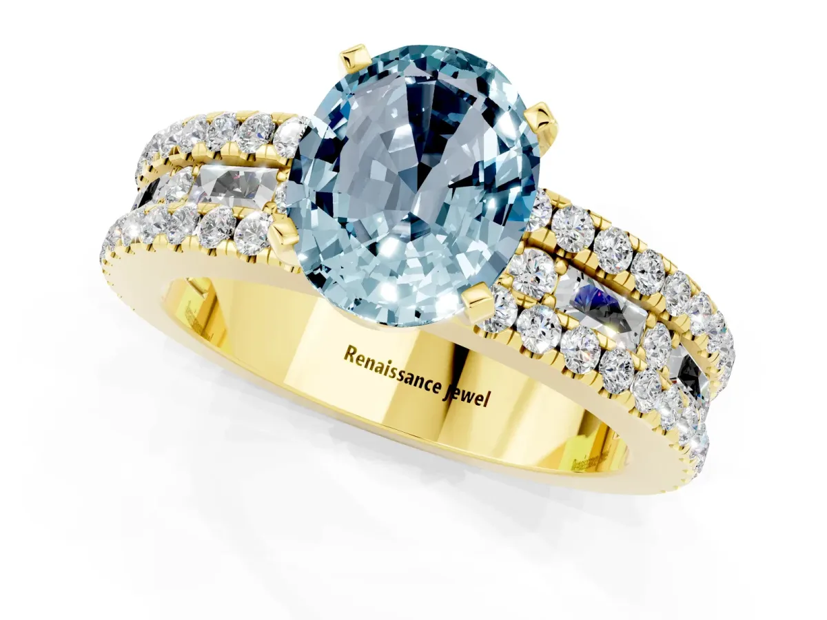 Oval Cut Aquamarine Solitaire Ring with Pavé and Channel Set Band Yellow gold