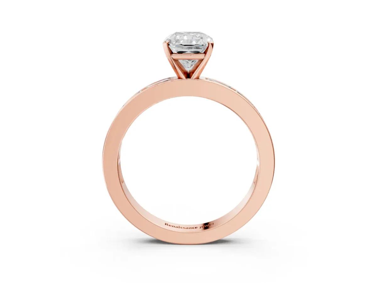 Radiant Cut Solitaire Diamond Ring with Channel-Set Baguette Band and Four-Prong Setting Rose gold
