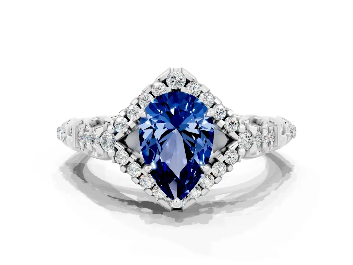 Pear Cut Blue Sapphire Solitaire Ring with Hidden Halo and Pavé Band White gold