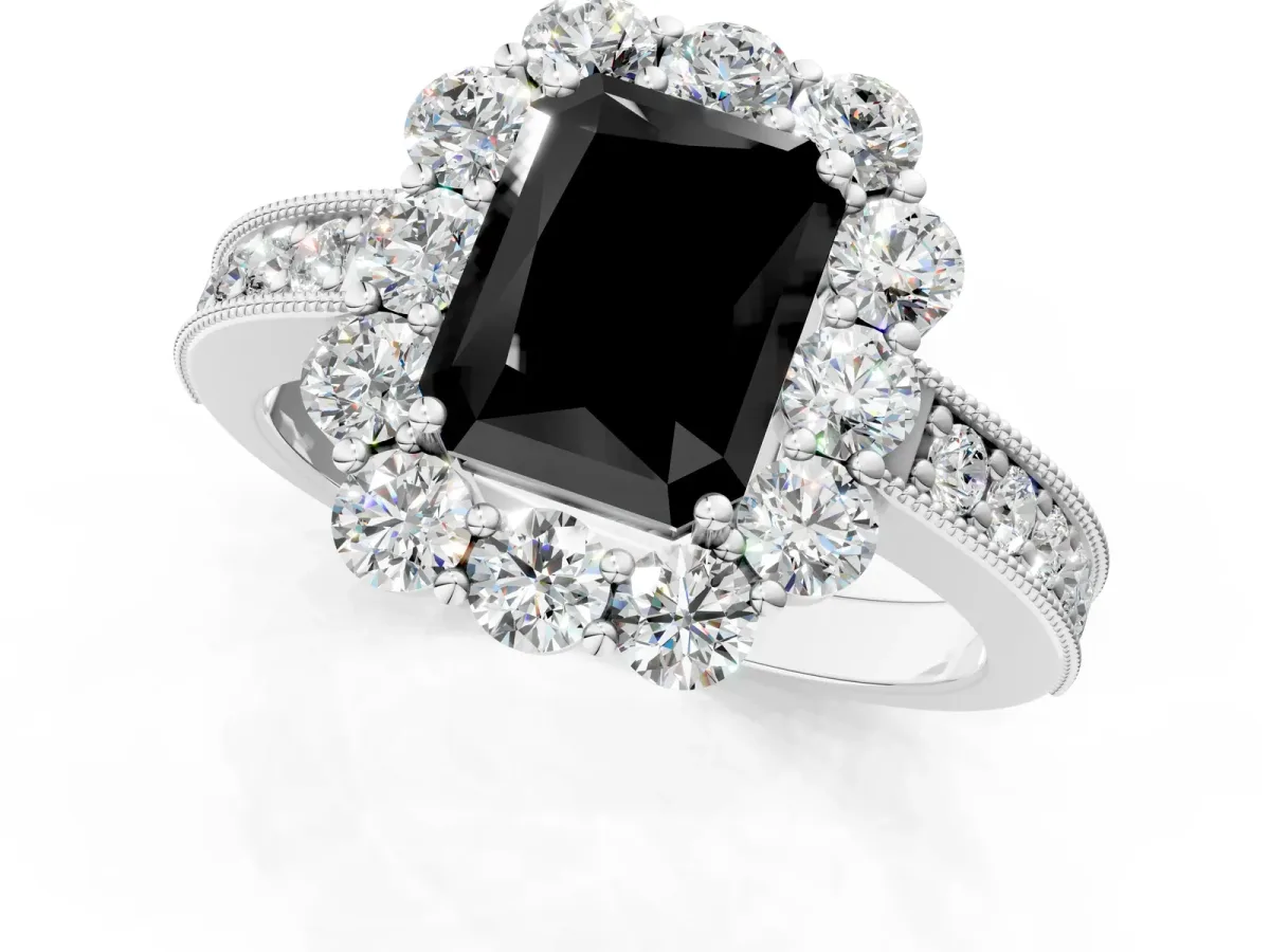 Fancy Black Radiant Cut Cut Halo Diamond Pavé Engagement Ring with Milgrain Detailing Platinum