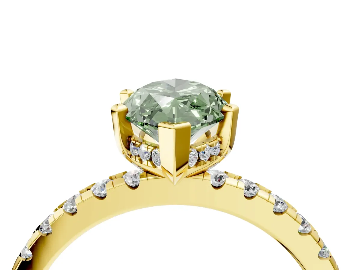 Fancy Green Marquise Cut Diamond Solitaire Ring with Round Pavé Band and Four-Prong Setting Yellow gold