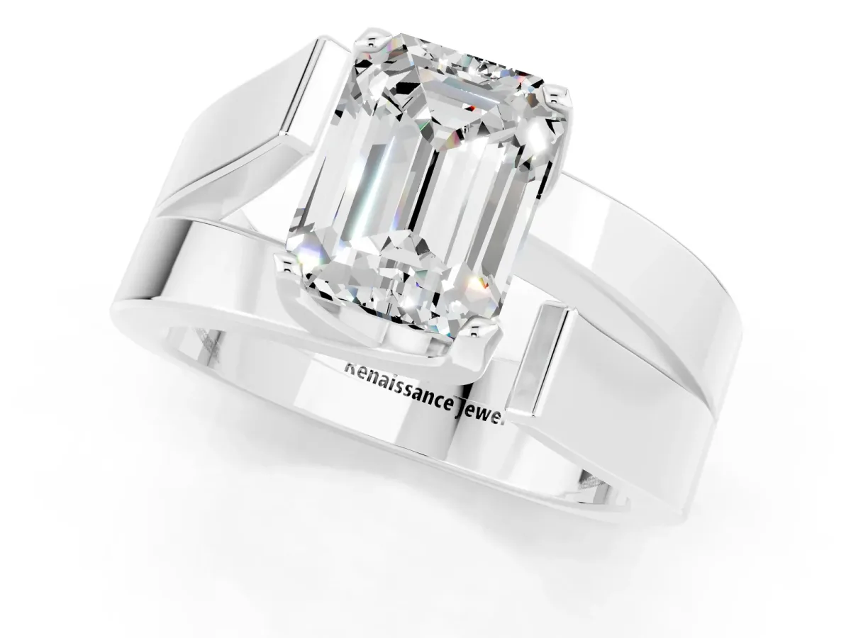 Modern Tension Set Emerald Cut Moissanite Solitaire Wide Band Ring Platinum
