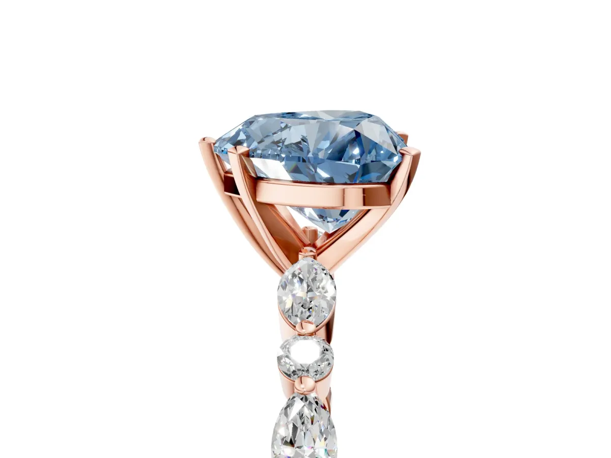 Fancy Blue Heart Cut Diamond Ring with Marquise and Round Side Stones and Four-Prong Setting Rose gold