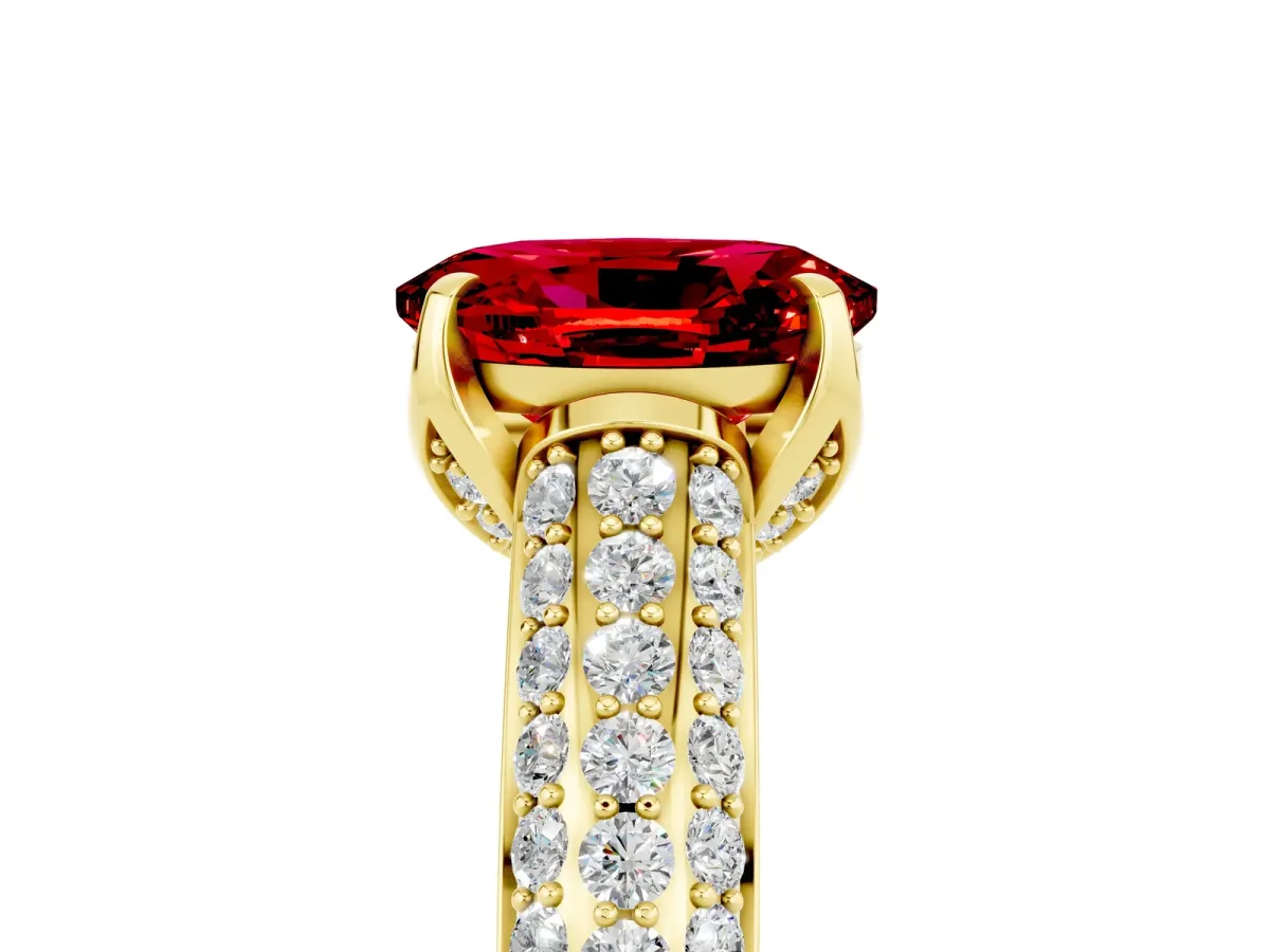 Oval Cut Ruby Solitaire Ring with Three-Row Pavé Band and Four-Prong Setting Yellow gold