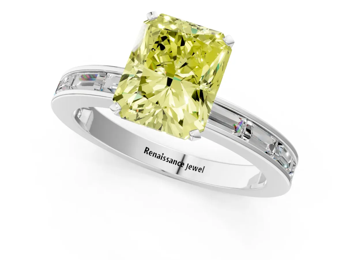 Fancy Yellow Radiant Cut Solitaire Diamond Ring with Channel-Set Baguette Band and Four-Prong Setting Platinum
