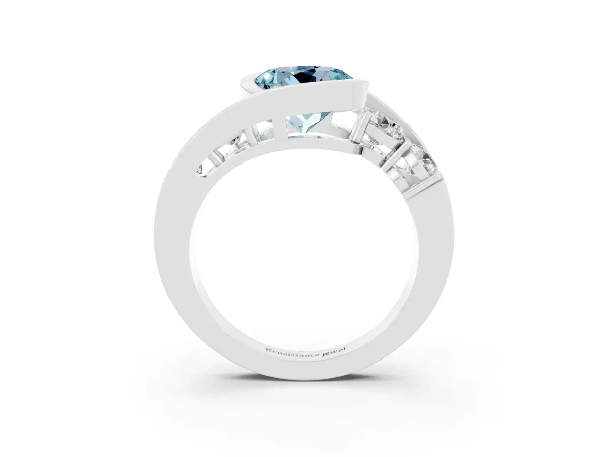 Bezel Set Round Cut Aquamarine Bypass Ring with Round Accents Silver