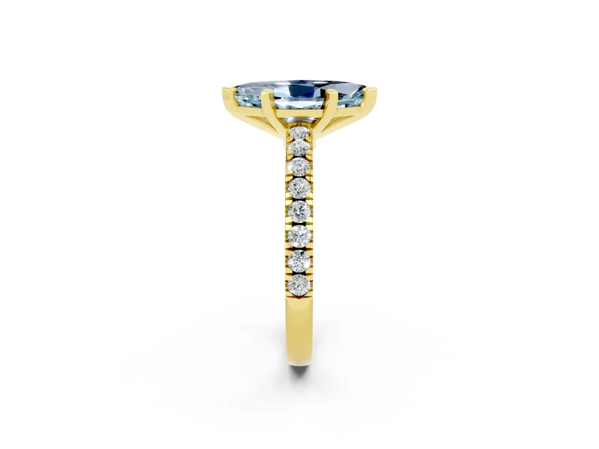 Marquise Cut Solitaire Aquamarine with Pavé Band and Four-Prong Setting Yellow gold