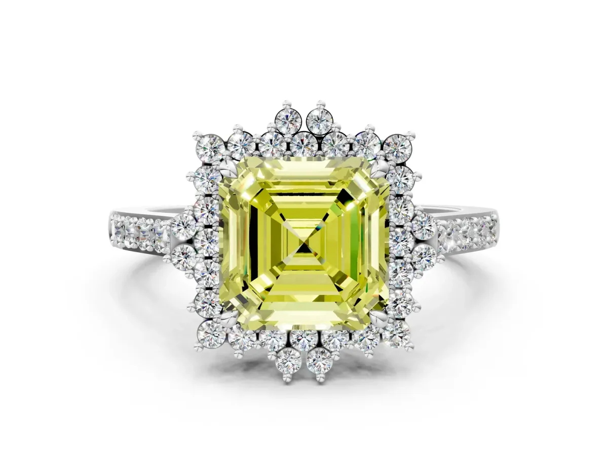 Fancy Yellow Asscher Cut Cut Diamond Sunburst Halo Engagement Ring with Pavé Band Platinum