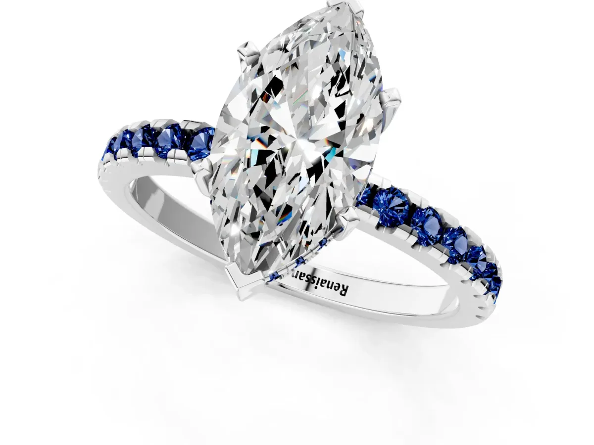 Marquise Cut Diamond Solitaire Ring with Round Blue Sapphire Pavé Band and Four-Prong Setting White gold