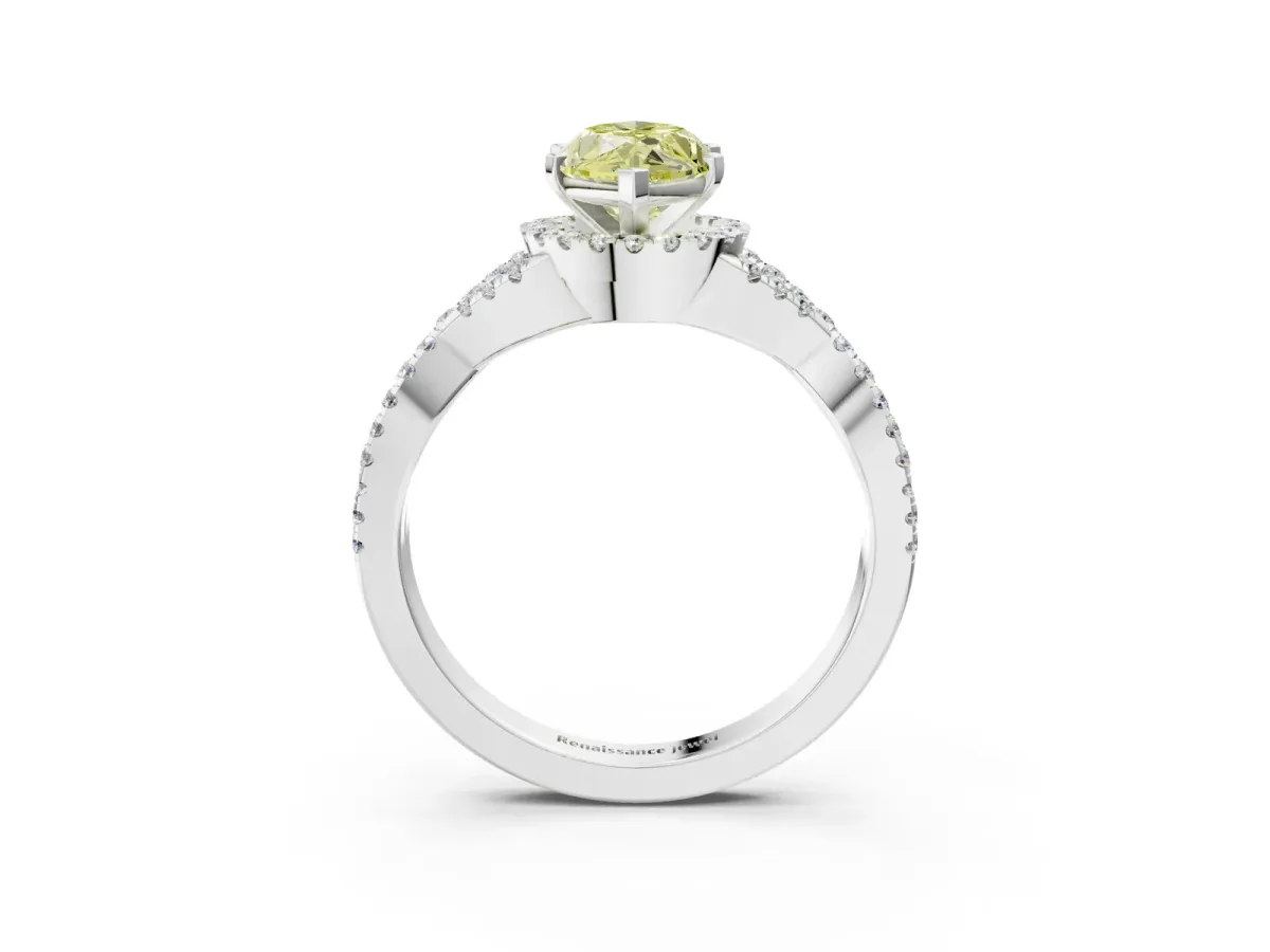 Fancy Yellow Marquise Cut Diamond Halo Twist Band Solitaire Prong Setting Ring White gold