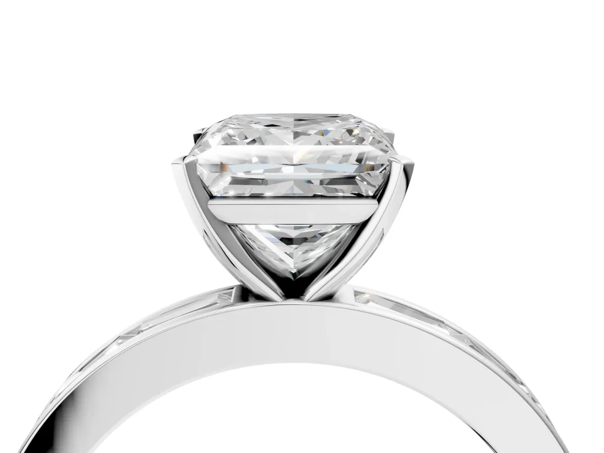 Princess Cut Solitaire Diamond Ring with Channel-Set Baguette Band and Four-Prong Setting White gold