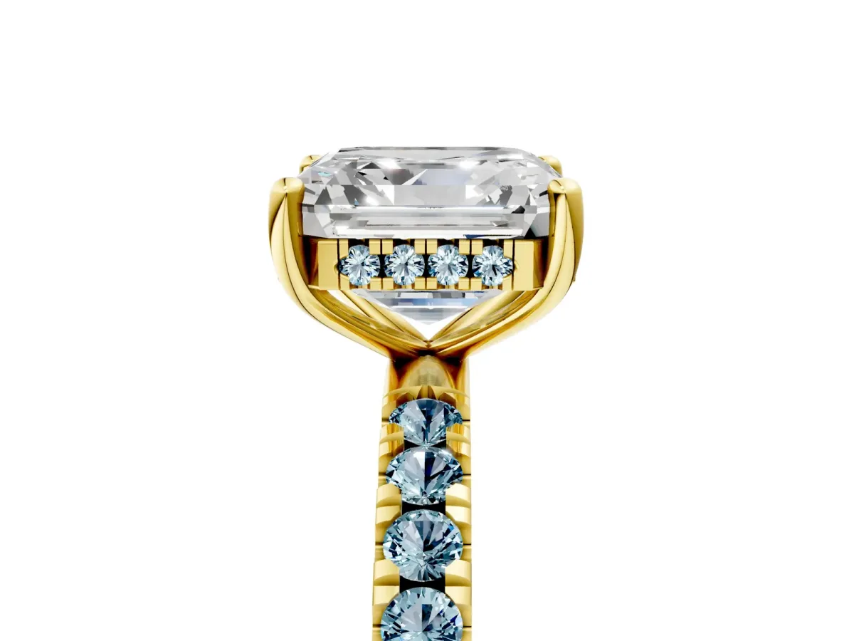 Asscher Cut Diamond Pave Band Solitaire Ring with Round Aquamarine and Prong Setting Yellow gold