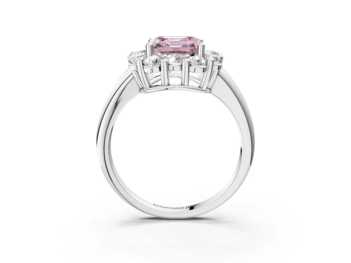 Fancy Pink Asscher Cut Halo Cluster Diamond Engagement Ring with Prong Setting and Polished Band Platinum