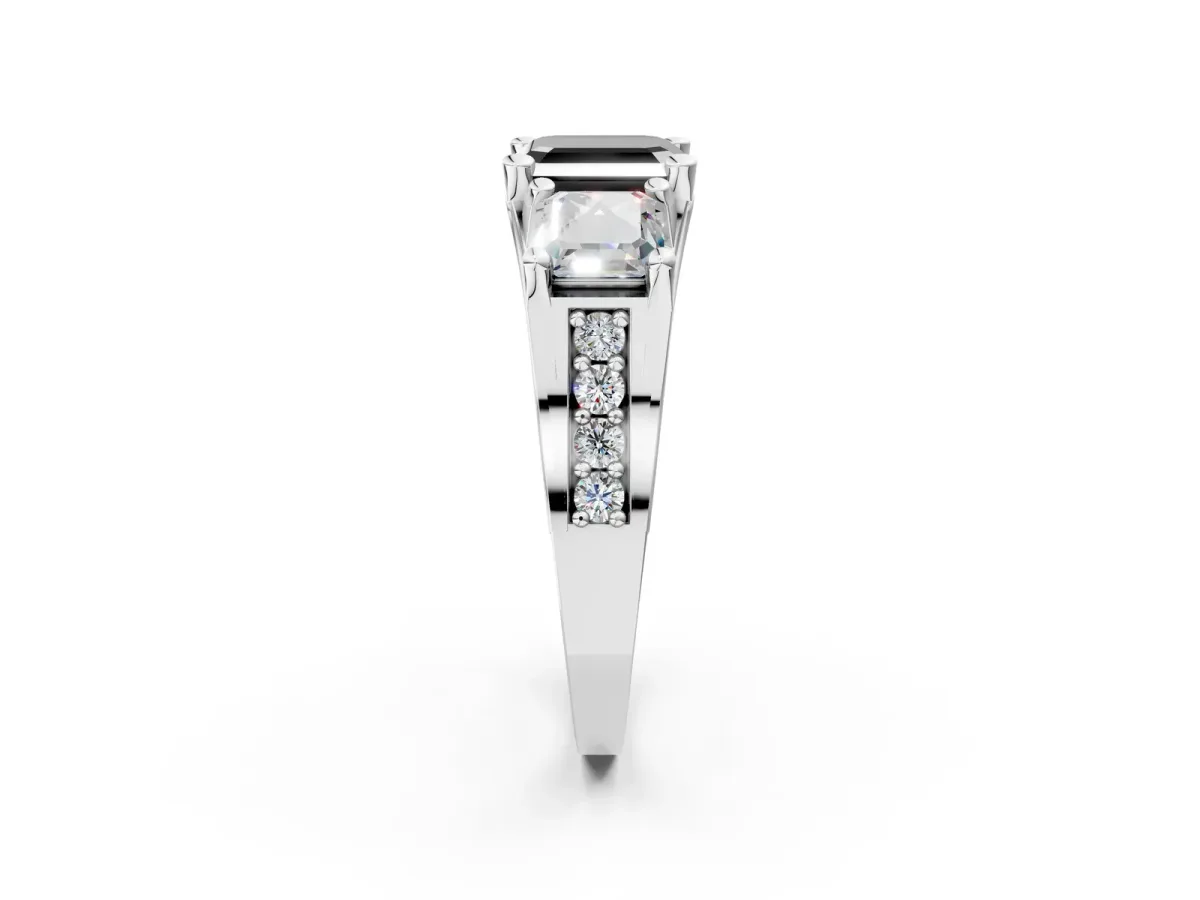 Fancy Black Asscher Cut Diamond Three-Stone Ring with Channel Set Band and Four-Prong Setting Platinum
