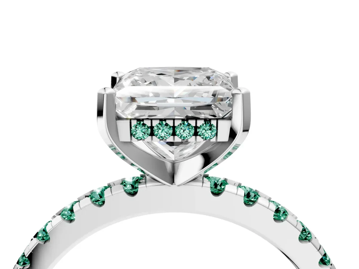 Princess Cut Diamond Solitaire Ring with Round Green Sapphire Pavé Band and Four-Prong Setting White gold