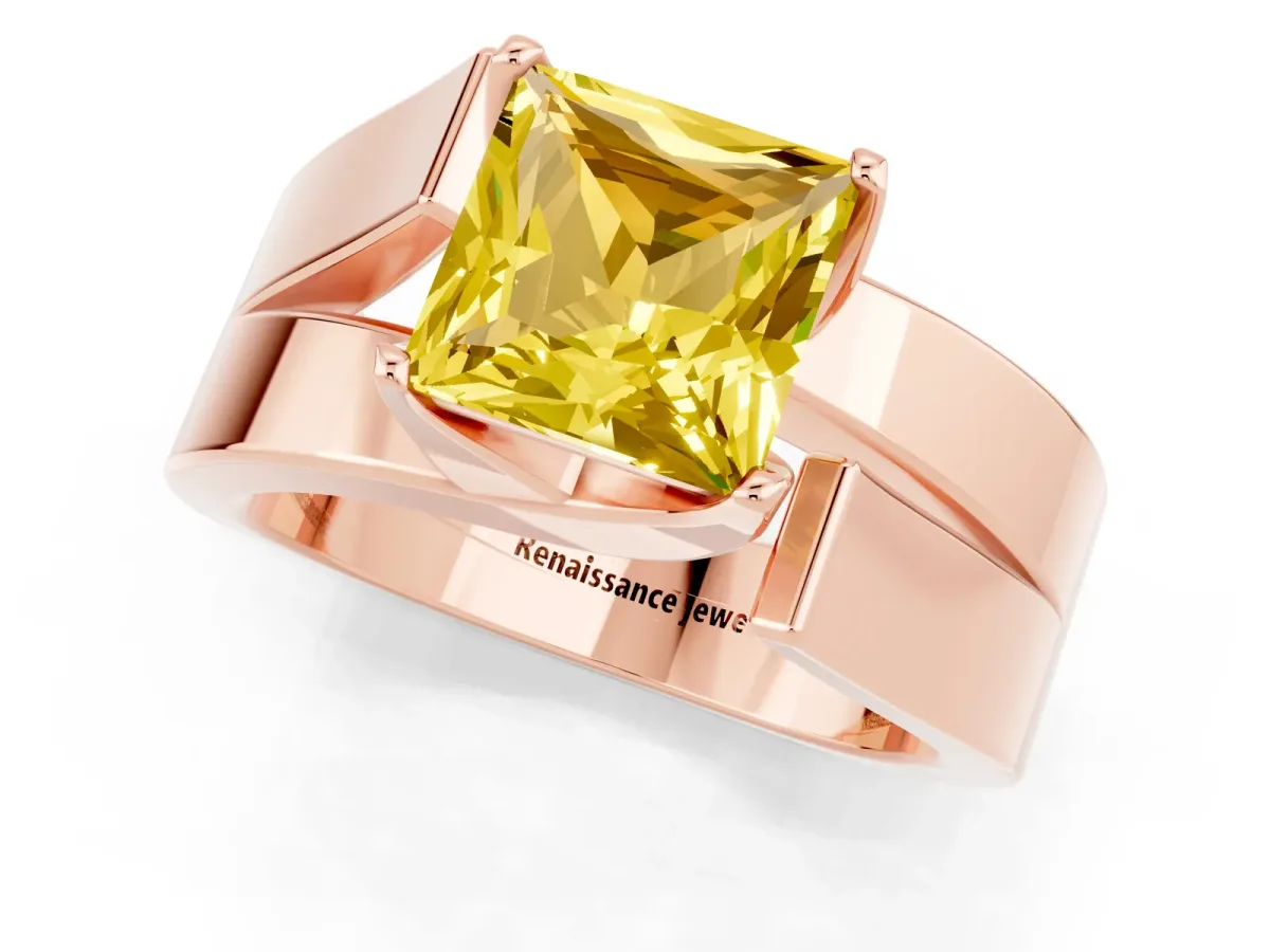 Modern Tension Set Princess Cut Yellow Sapphire Solitaire Wide Band Ring Rose gold