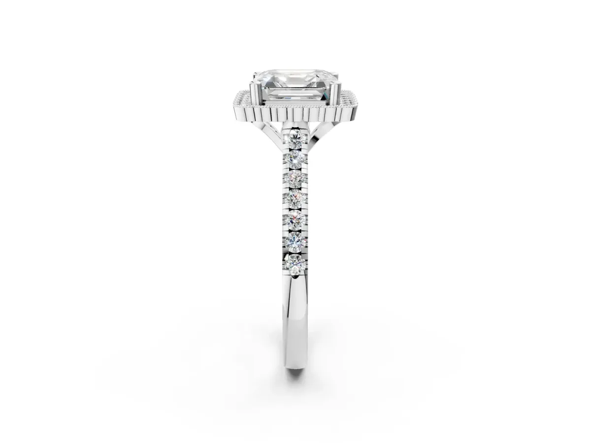 Asscher Cut Cut Diamond Milgrain Floral Halo Engagement Ring with Pavé Band Platinum