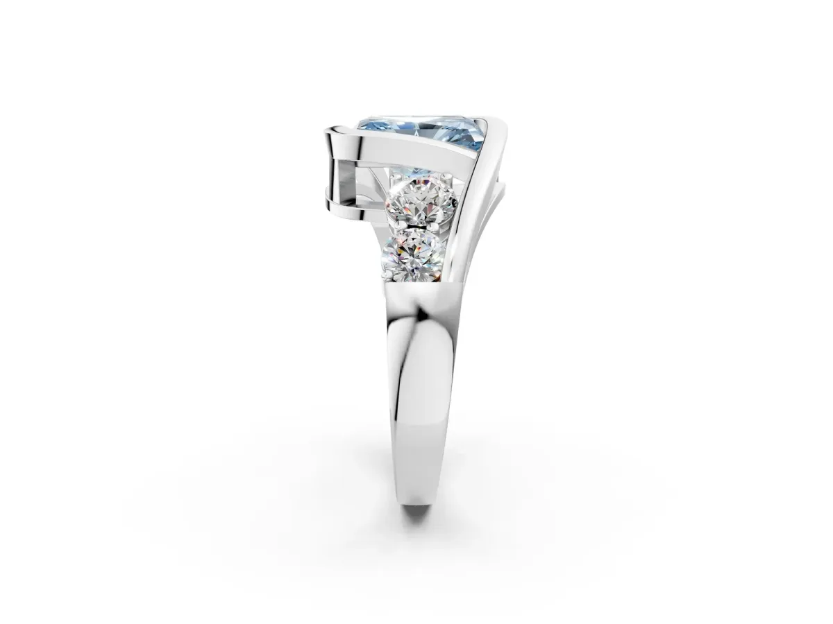Fancy Blue Bezel Set Radiant Cut Diamond Bypass Ring with Round Accents Platinum