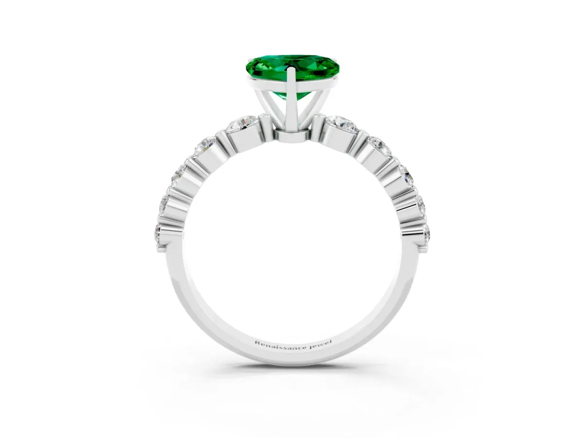 Heart Cut Solitaire Emerald Ring with Pave Band and Four-Prong Setting Silver