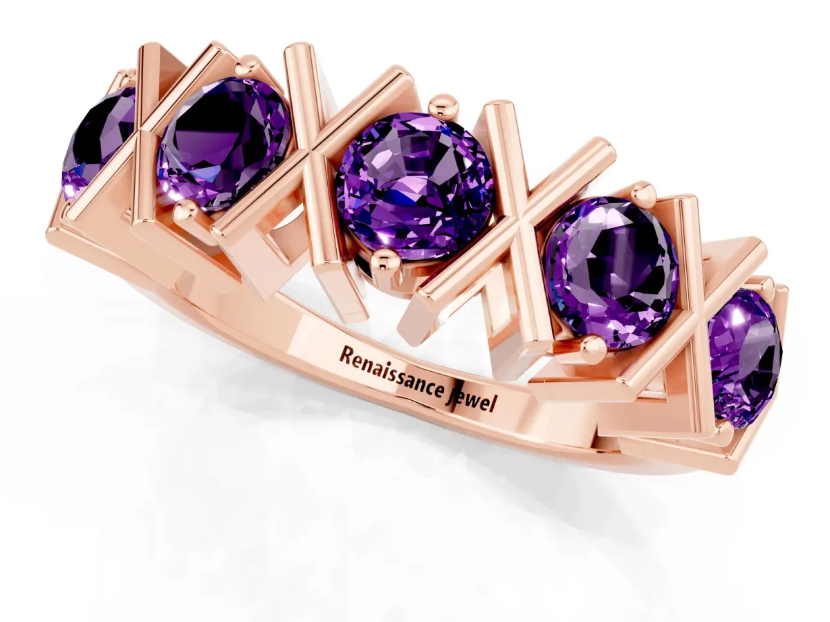 Round Amethyst Channel Set Band with X-Prong Detail Rose gold