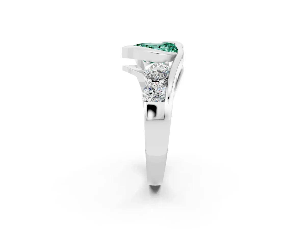 Bezel Set Heart Cut Green Sapphire Bypass Ring with Round Accents Silver