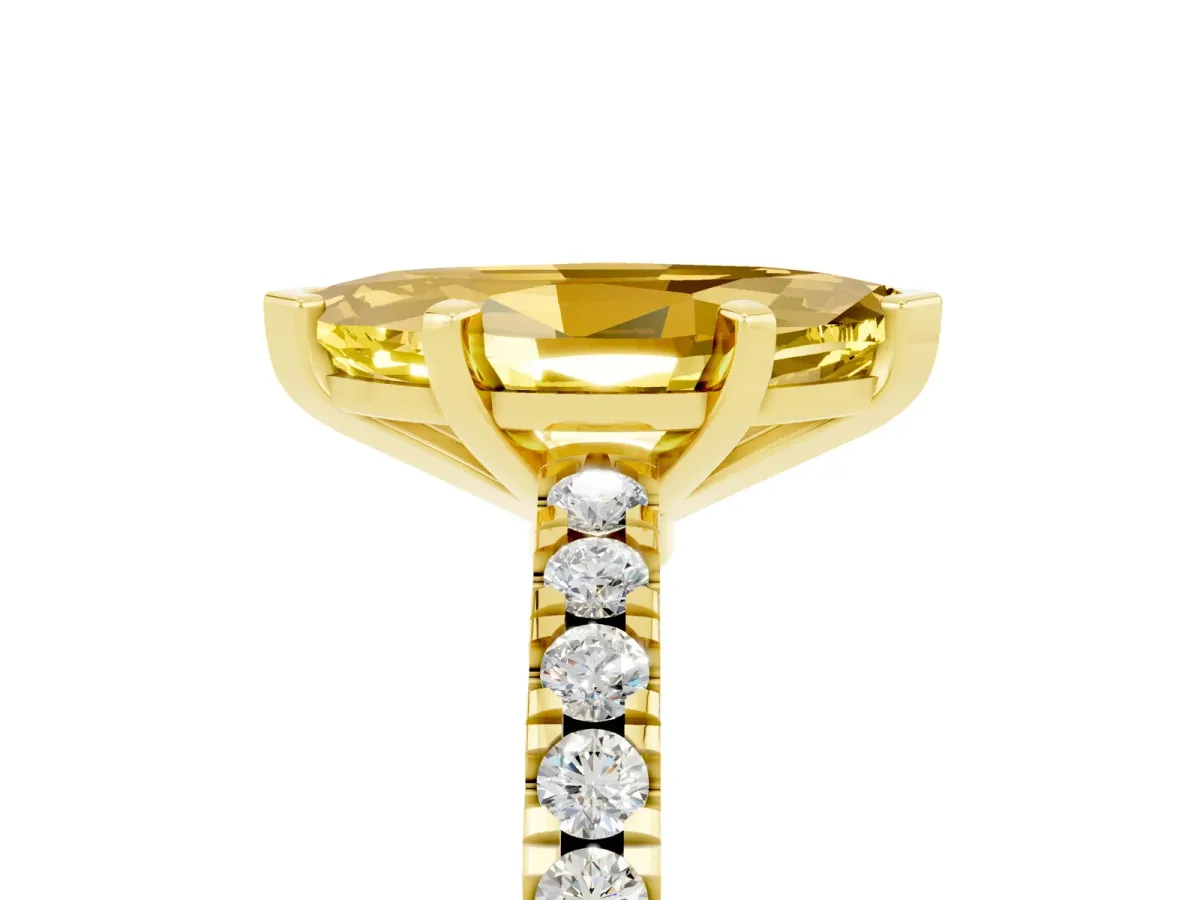 Marquise Cut Solitaire Yellow Sapphire with Pavé Band and Four-Prong Setting Yellow gold
