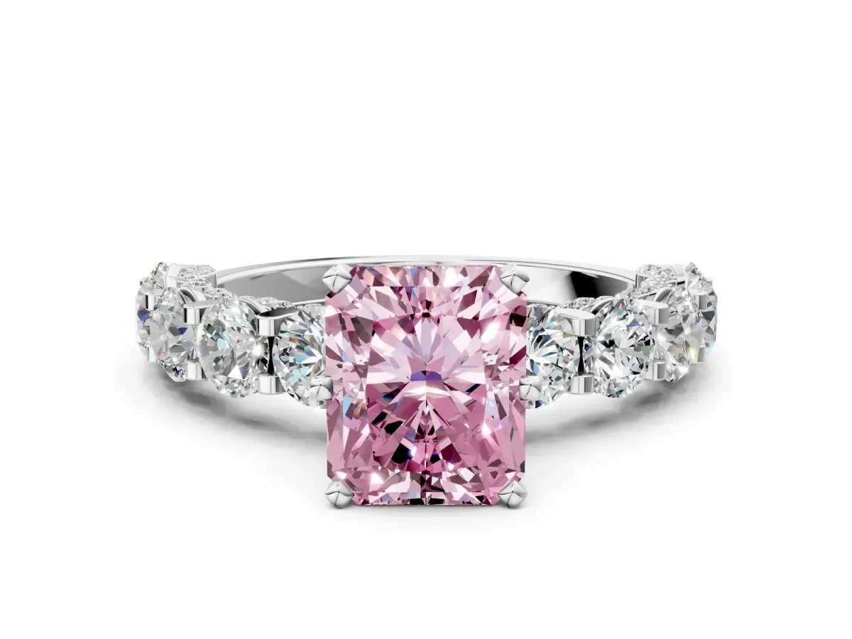 Fancy Pink Radiant Cut Diamond Side Stone Engagement Ring with Four-Prong Setting White gold