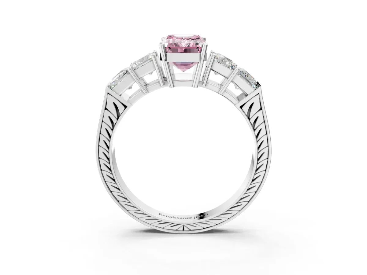 Fancy Pink Emerald Cut Solitaire Princess Side Stone Engraved Band Prong Setting Ring Silver