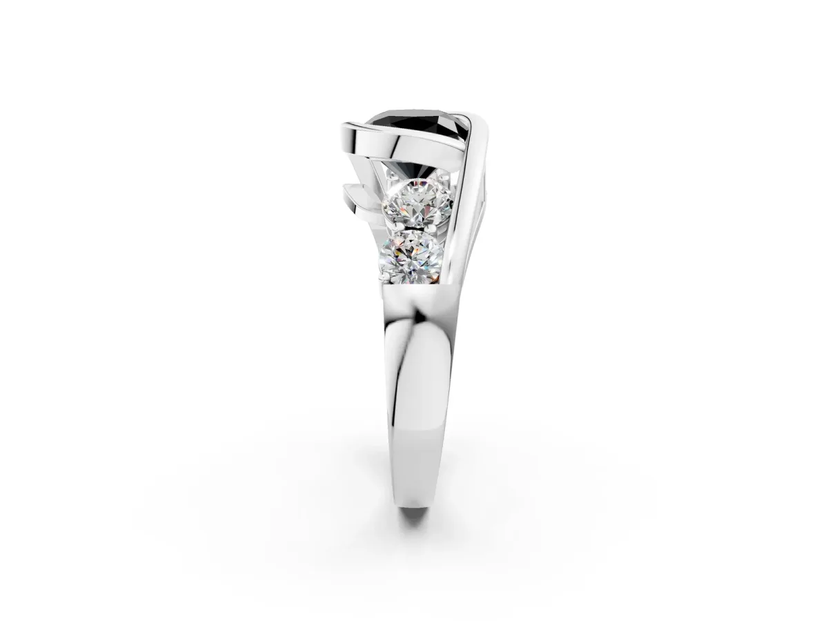 Fancy Black Bezel Set Cushion Cut Diamond Bypass Ring with Round Accents Platinum