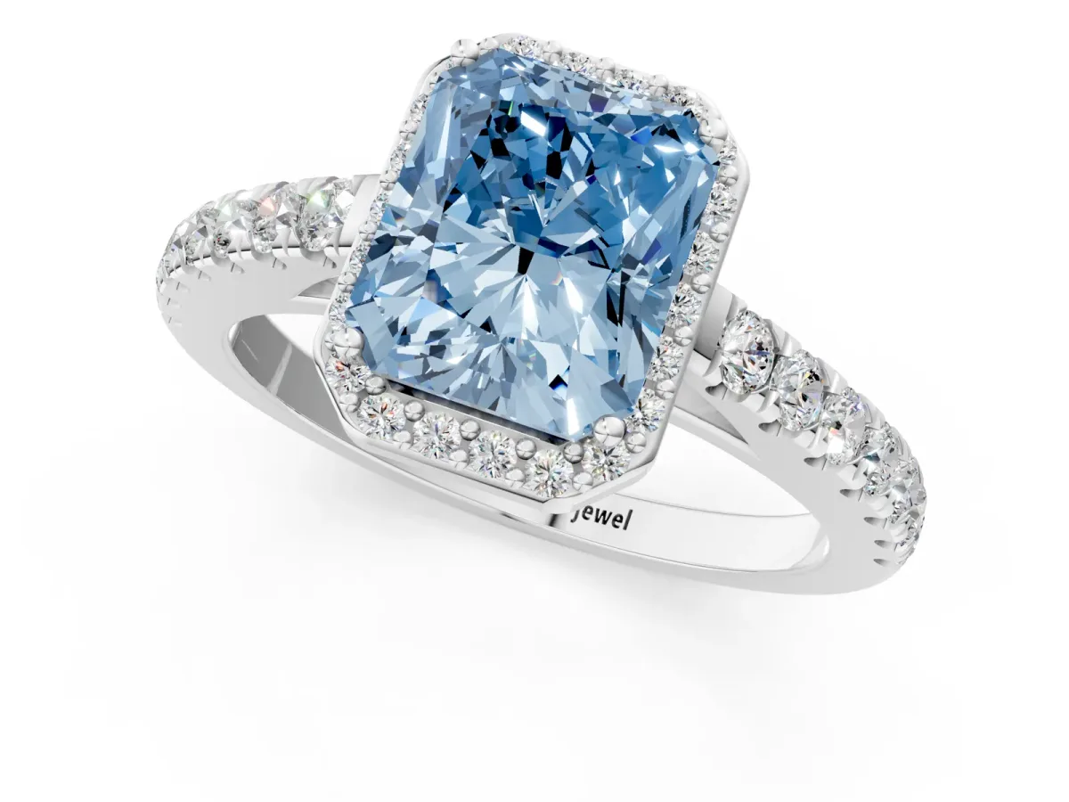 Fancy Blue Radiant Cut Cut Halo Diamond Engagement Ring with Pave Band and Four-Prong Setting Platinum