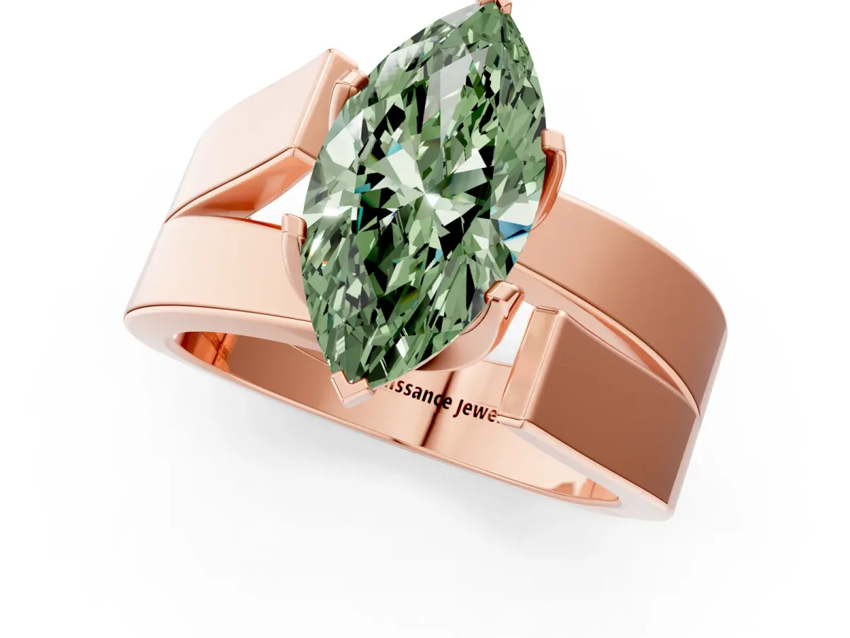 Fancy Green Modern Tension Set Marquise Cut Diamond Solitaire Wide Band Ring Rose gold