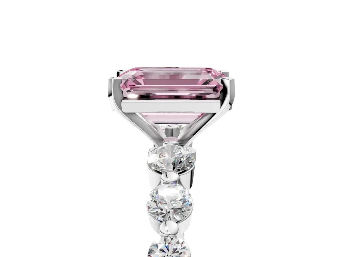 Fancy Pink Emerald Cut Solitaire Diamond Ring with Pave Band and Four-Prong Setting Silver